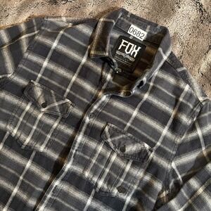 Fox Racing Shirt Mens M Gray Black Plaid Flannel Button Front Long Sleeve